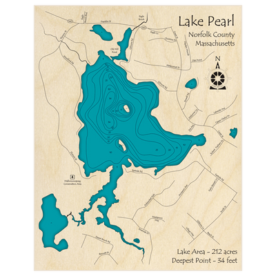 Bathymetric topo map of Lake Pearl with roads, towns and depths noted in blue water