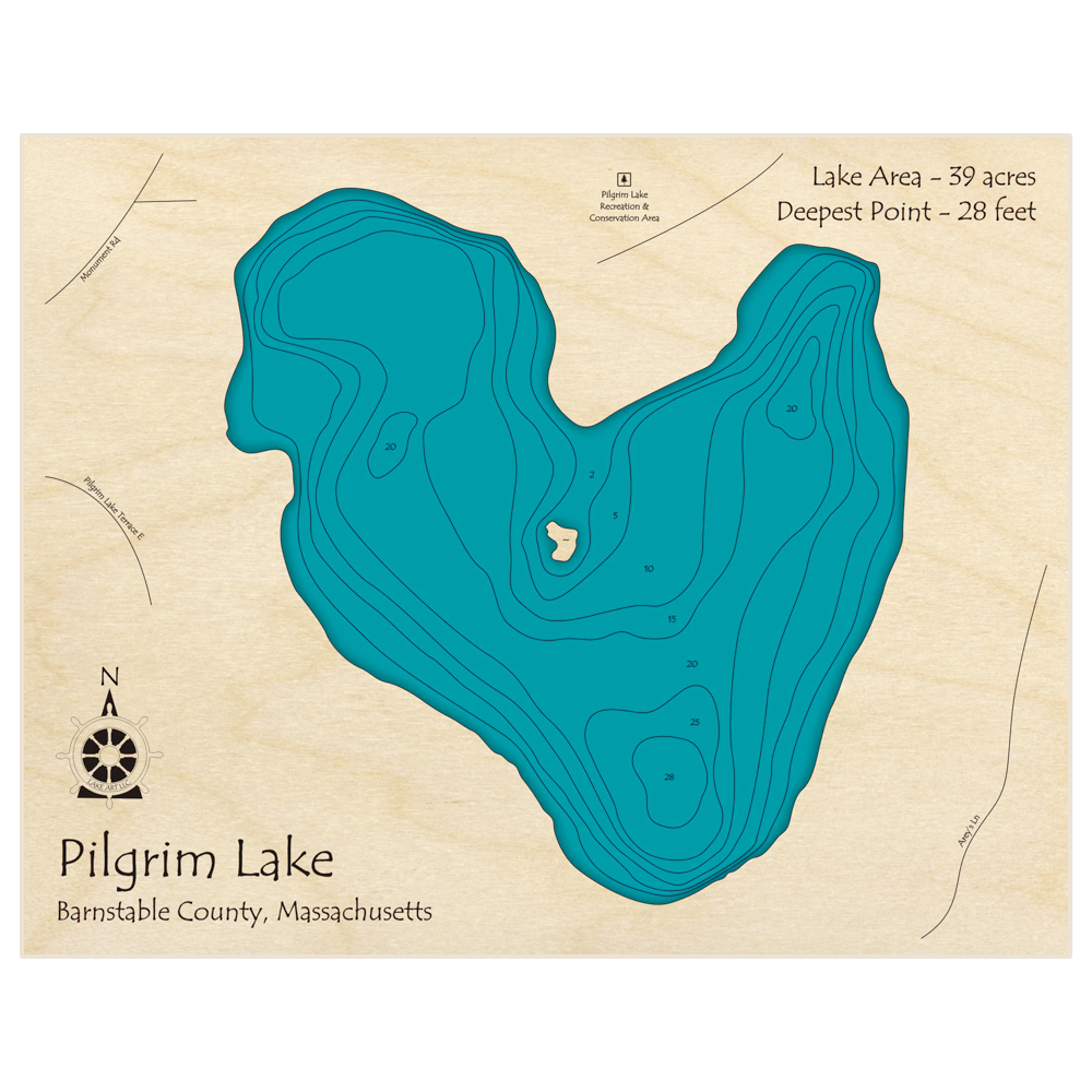 Bathymetric topo map of Pilgrim Lake with roads, towns and depths noted in blue water