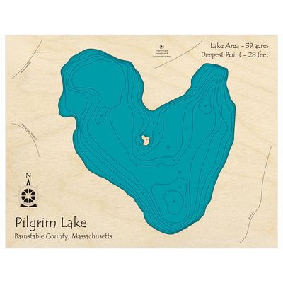 Bathymetric topo map of Pilgrim Lake with roads, towns and depths noted in blue water