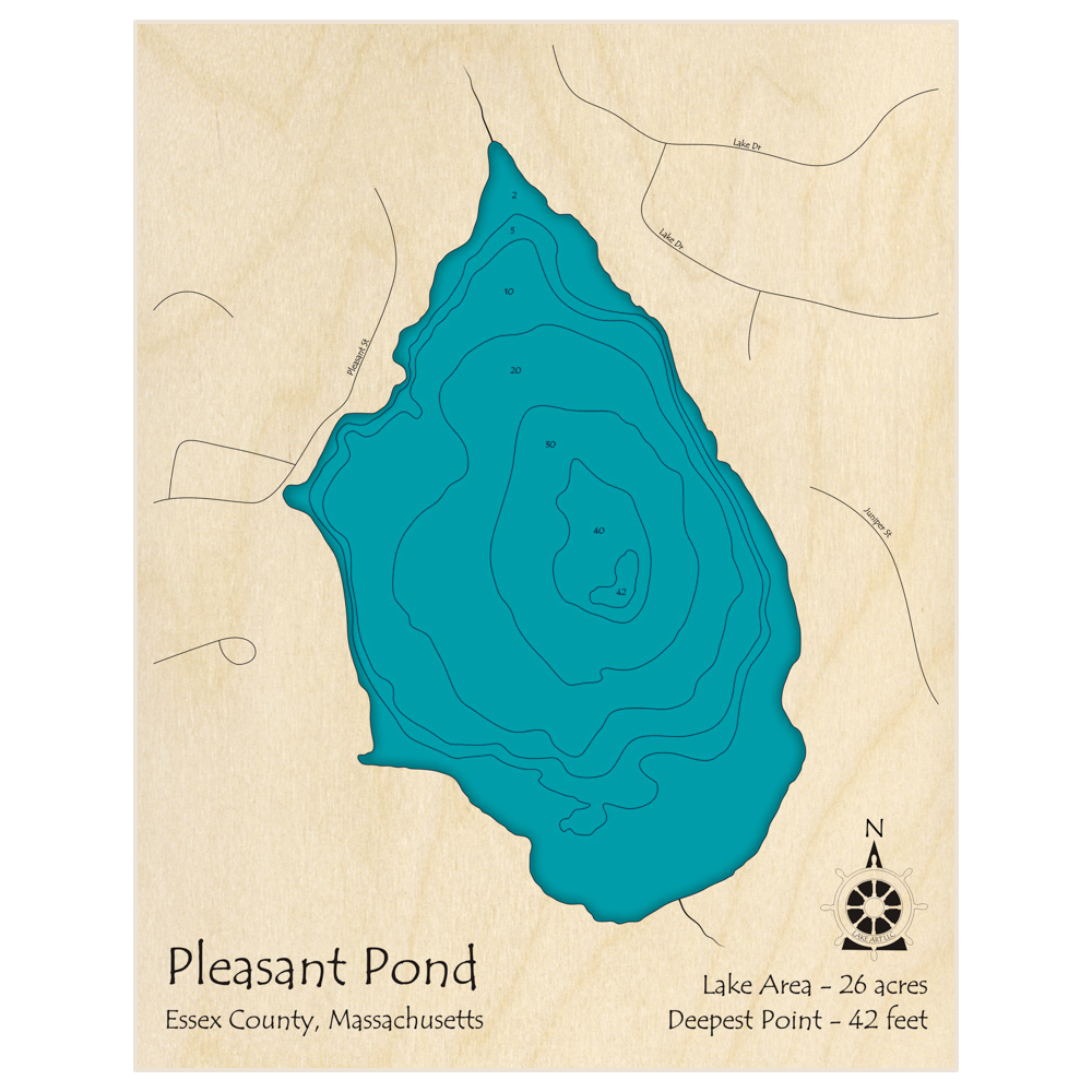 Bathymetric topo map of Pleasant Pond with roads, towns and depths noted in blue water