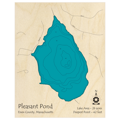 Bathymetric topo map of Pleasant Pond with roads, towns and depths noted in blue water