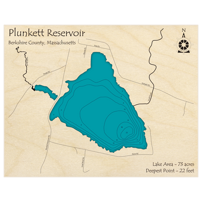 Bathymetric topo map of Plunkett Reservoir with roads, towns and depths noted in blue water