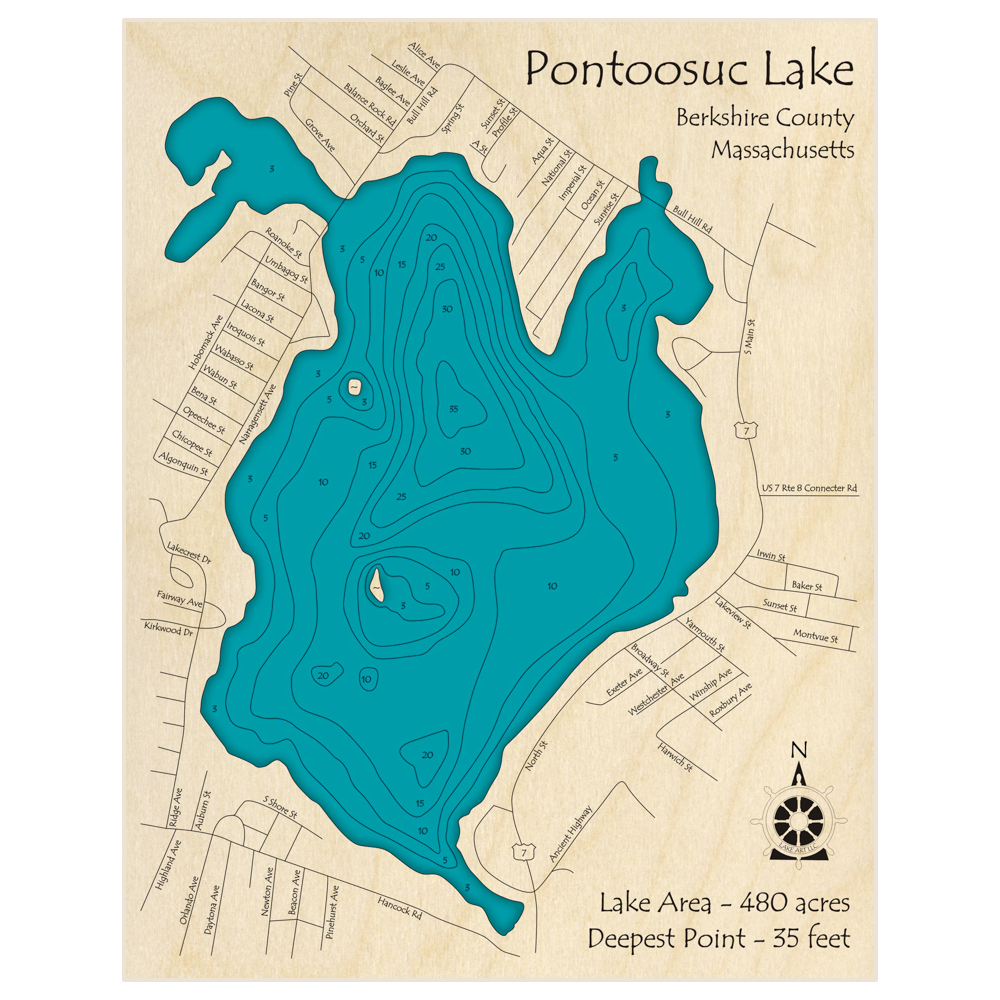 Bathymetric topo map of Pontoosuc Lake with roads, towns and depths noted in blue water