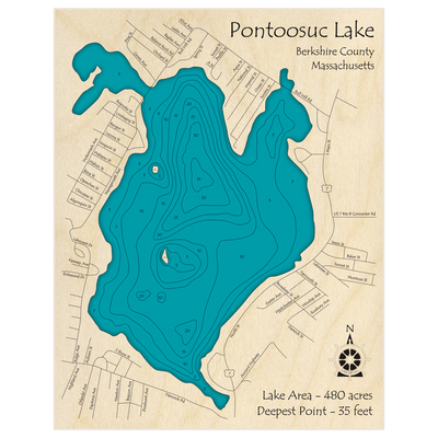 Bathymetric topo map of Pontoosuc Lake with roads, towns and depths noted in blue water