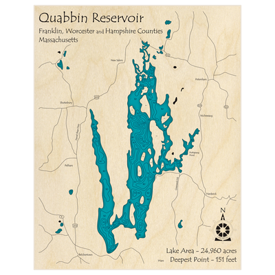 Bathymetric topo map of Quabbin Reservoir with roads, towns and depths noted in blue water