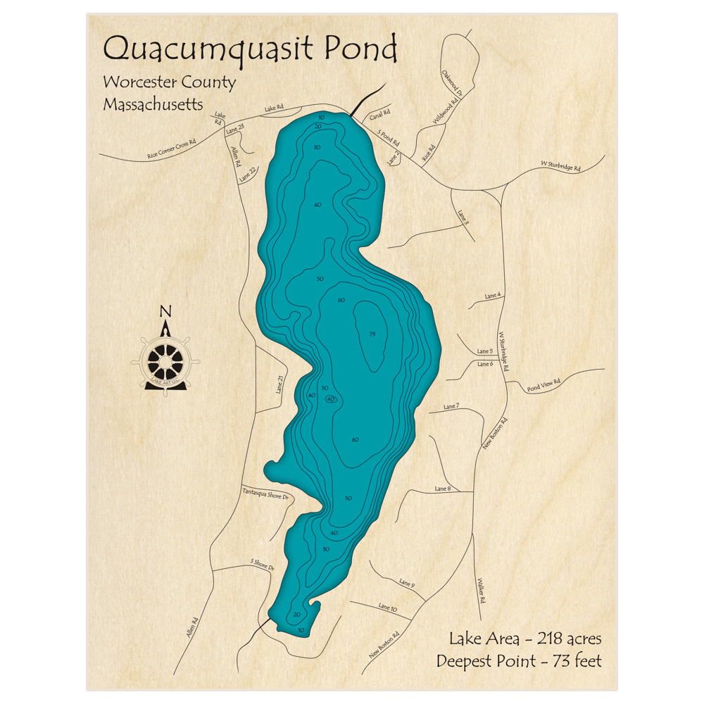 Bathymetric topo map of Quacumquasit Pond with roads, towns and depths noted in blue water