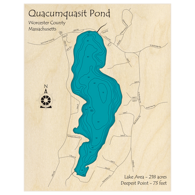 Bathymetric topo map of Quacumquasit Pond with roads, towns and depths noted in blue water