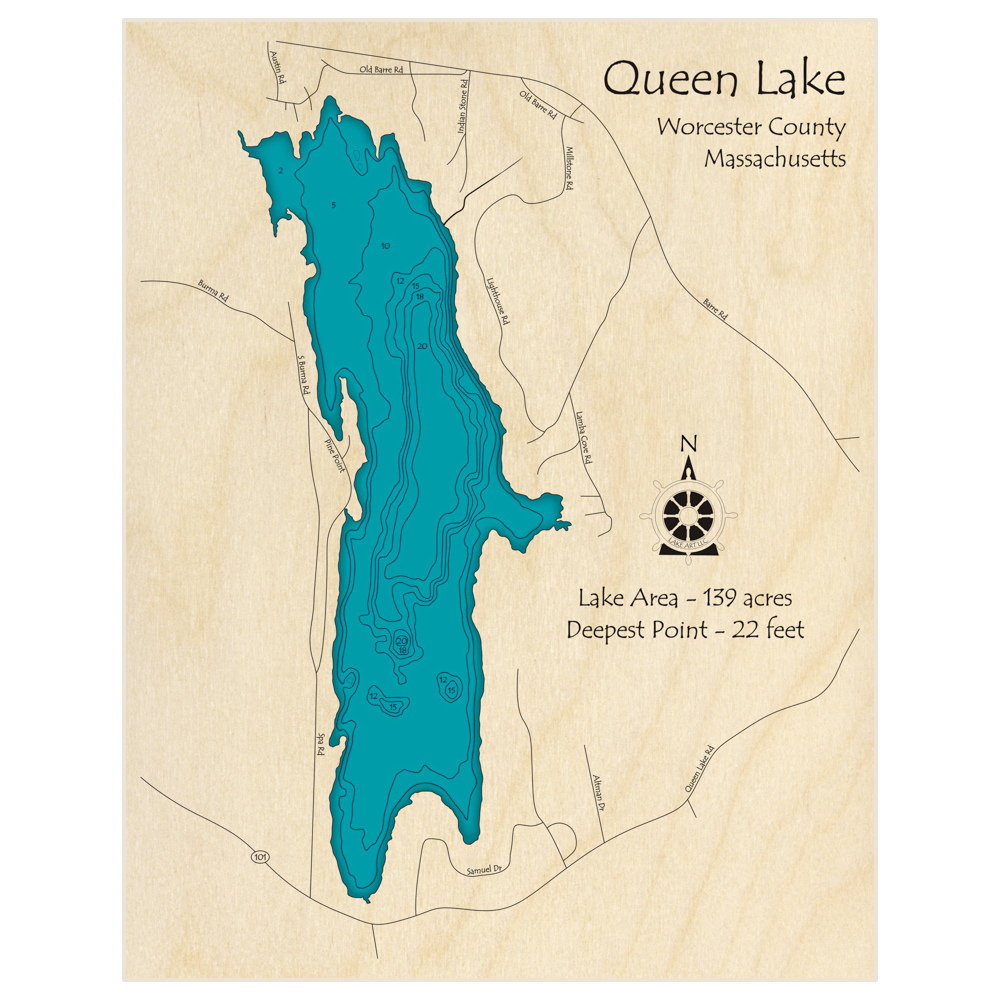 Bathymetric topo map of Queen Lake with roads, towns and depths noted in blue water