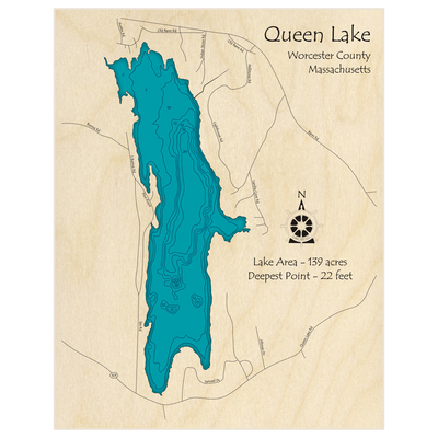 Bathymetric topo map of Queen Lake with roads, towns and depths noted in blue water