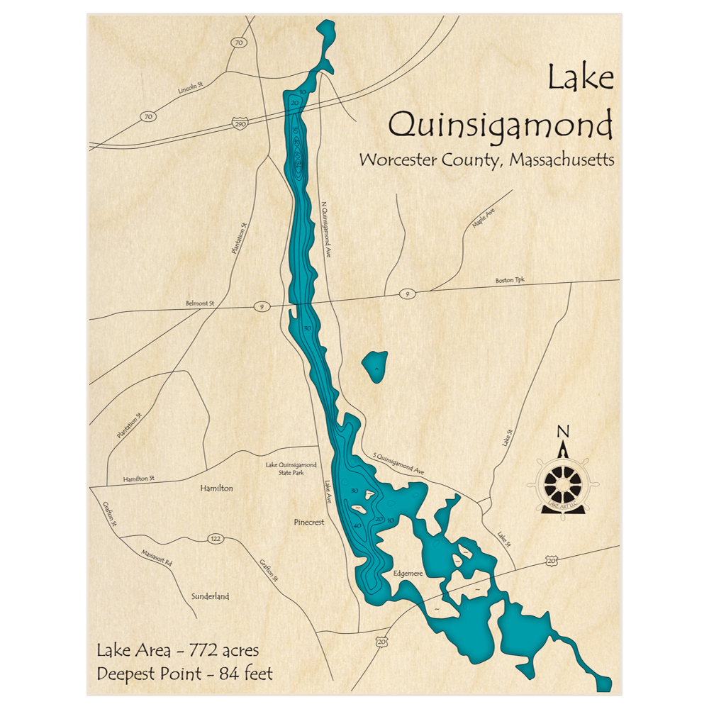 Bathymetric topo map of Lake Quinsigamond with roads, towns and depths noted in blue water