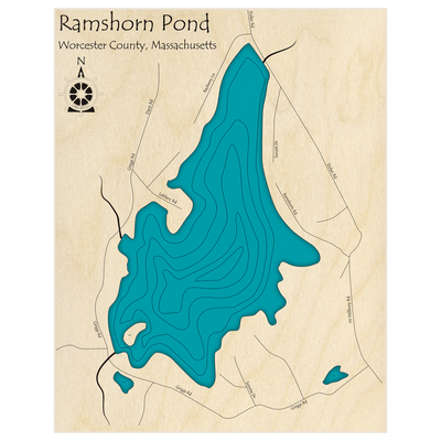 Bathymetric topo map of Ramshorn Pond  with roads, towns and depths noted in blue water