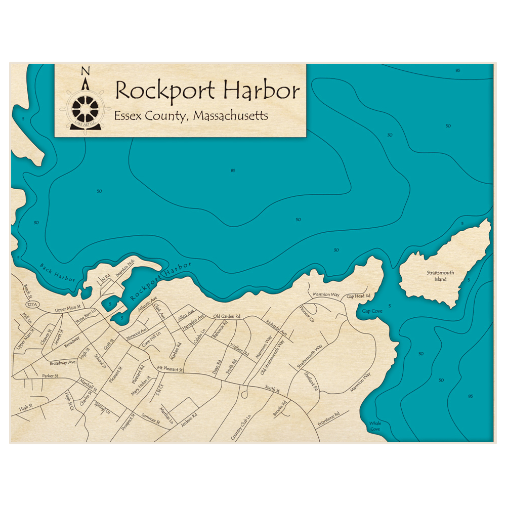 Bathymetric topo map of Rockport Harbor with roads, towns and depths noted in blue water