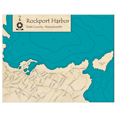 Bathymetric topo map of Rockport Harbor with roads, towns and depths noted in blue water