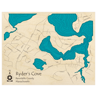 Bathymetric topo map of Ryders Cove with roads, towns and depths noted in blue water