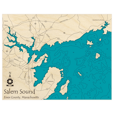 Bathymetric topo map of Salem Sound with roads, towns and depths noted in blue water