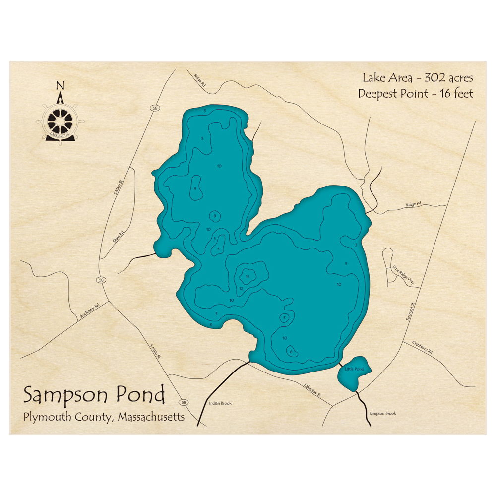 Bathymetric topo map of Sampson Pond with roads, towns and depths noted in blue water