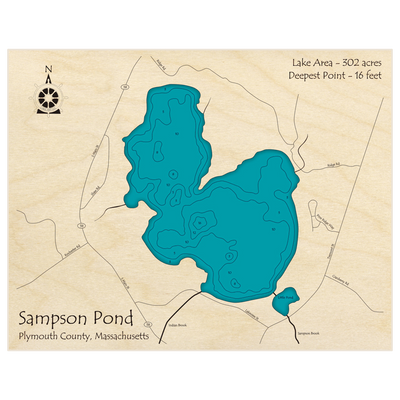 Bathymetric topo map of Sampson Pond with roads, towns and depths noted in blue water