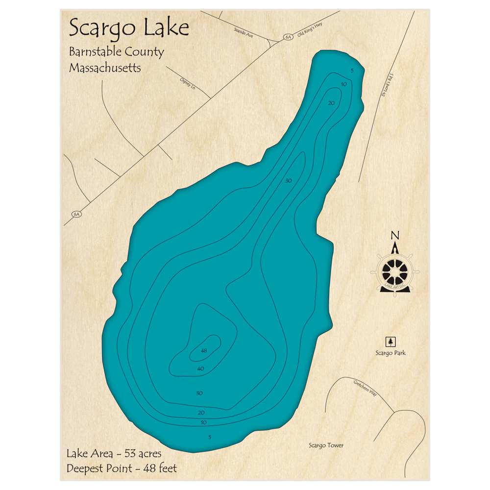 Bathymetric topo map of Scargo Lake with roads, towns and depths noted in blue water