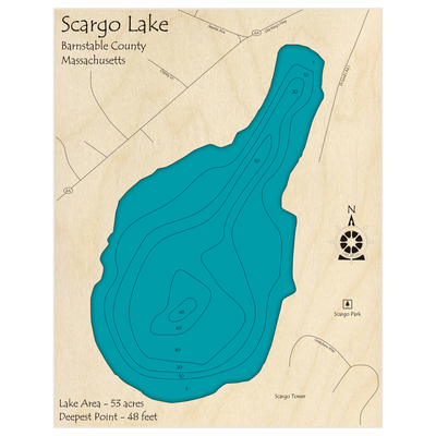 Bathymetric topo map of Scargo Lake with roads, towns and depths noted in blue water