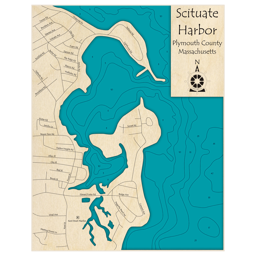 Bathymetric topo map of Scituate Harbor with roads, towns and depths noted in blue water