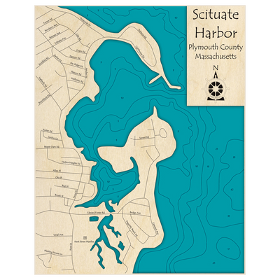 Bathymetric topo map of Scituate Harbor with roads, towns and depths noted in blue water