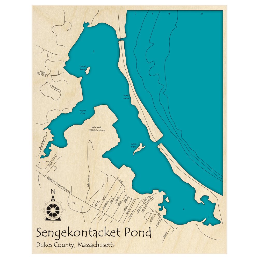 Bathymetric topo map of Sengekontacket Pond with roads, towns and depths noted in blue water