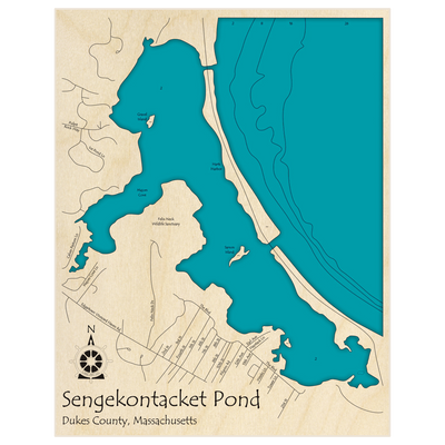 Bathymetric topo map of Sengekontacket Pond with roads, towns and depths noted in blue water