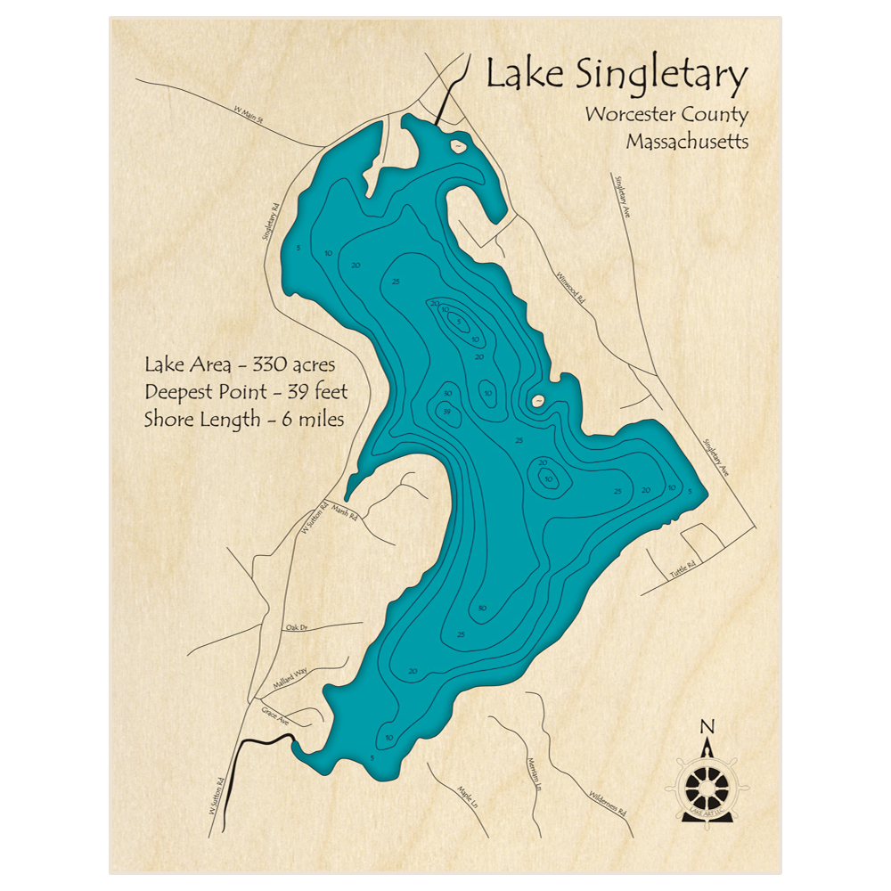 Bathymetric topo map of Singletary Lake with roads, towns and depths noted in blue water