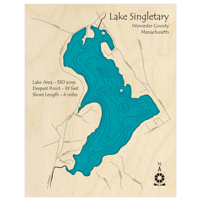 Bathymetric topo map of Singletary Lake with roads, towns and depths noted in blue water