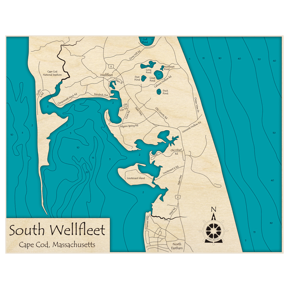 Bathymetric topo map of South Wellfleet with roads, towns and depths noted in blue water