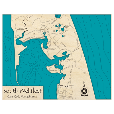 Bathymetric topo map of South Wellfleet with roads, towns and depths noted in blue water