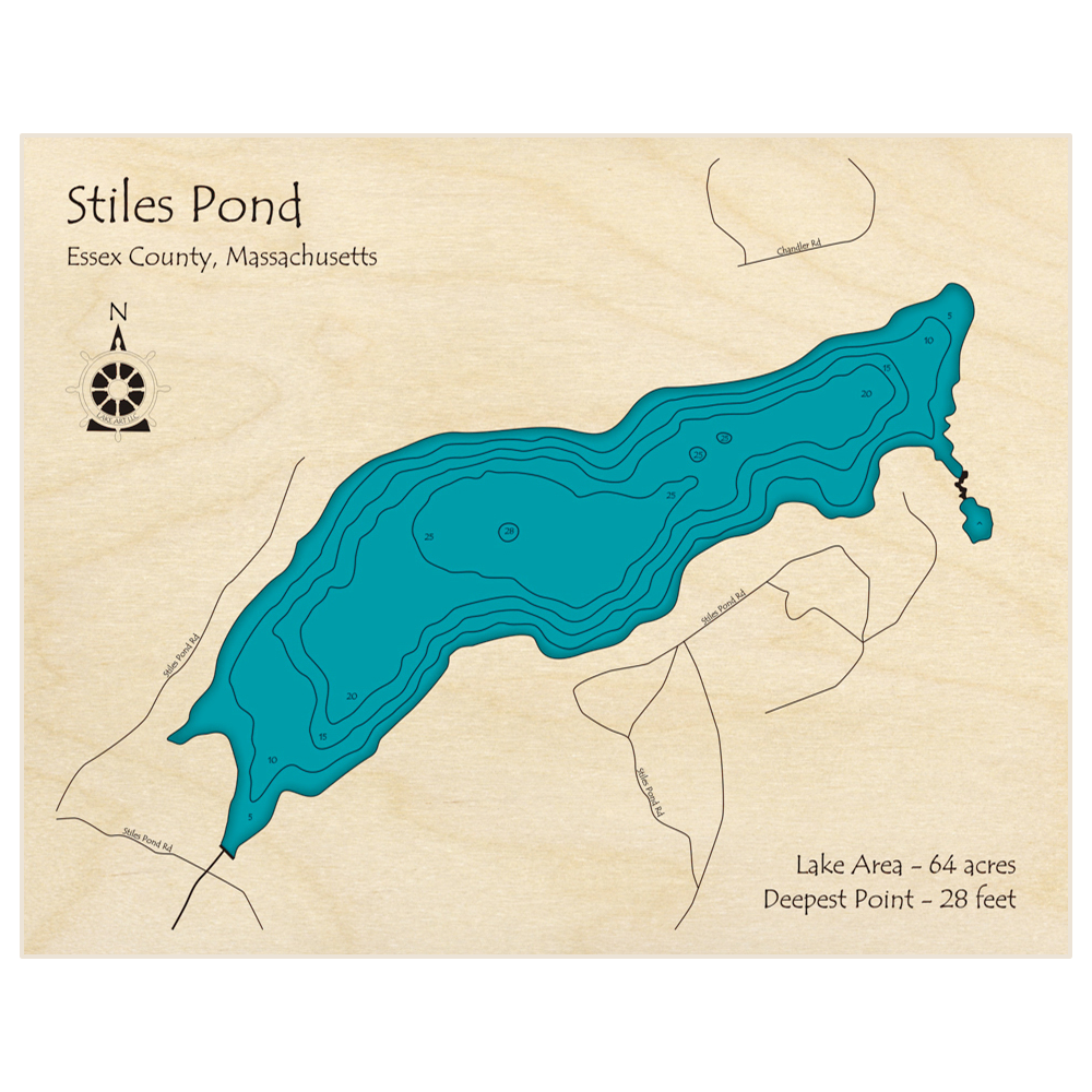 Bathymetric topo map of Stiles Pond with roads, towns and depths noted in blue water