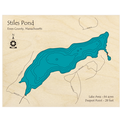 Bathymetric topo map of Stiles Pond with roads, towns and depths noted in blue water