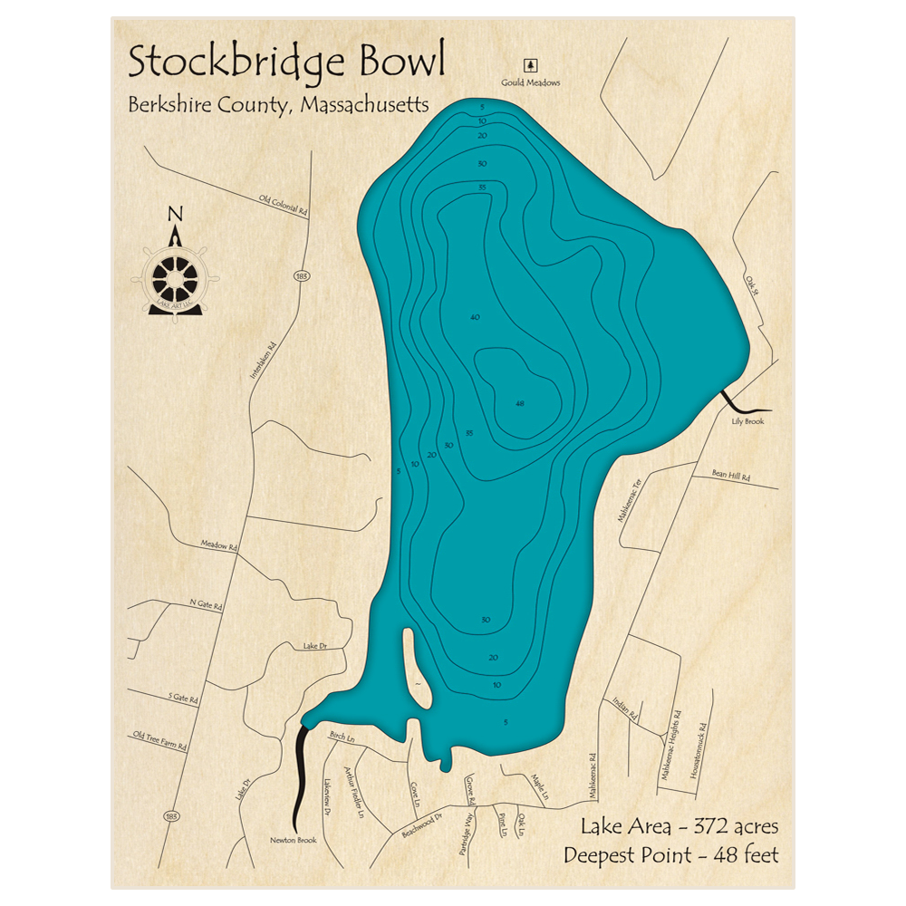 Bathymetric topo map of Stockbridge Bowl with roads, towns and depths noted in blue water