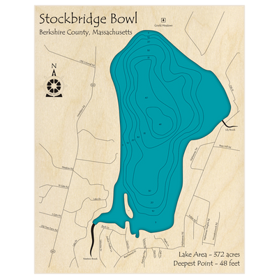 Bathymetric topo map of Stockbridge Bowl with roads, towns and depths noted in blue water