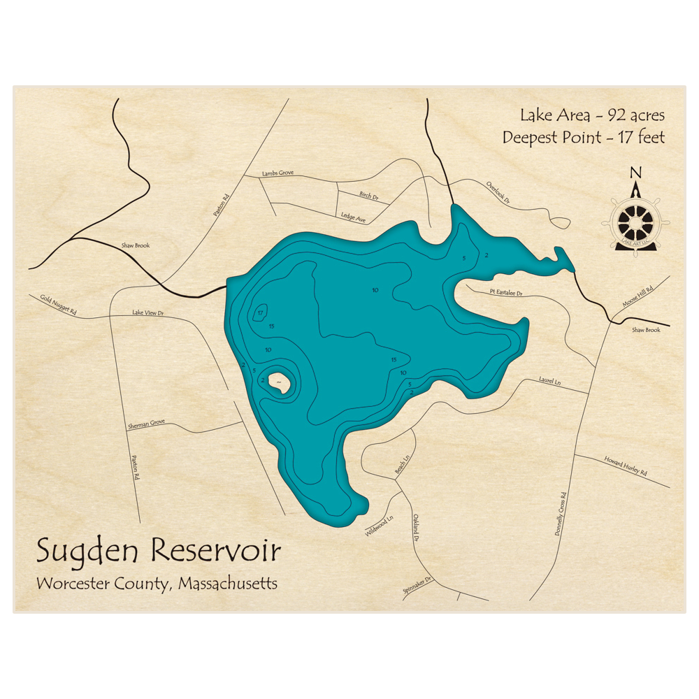 Bathymetric topo map of Sugden Reservoir with roads, towns and depths noted in blue water