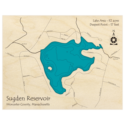 Bathymetric topo map of Sugden Reservoir with roads, towns and depths noted in blue water