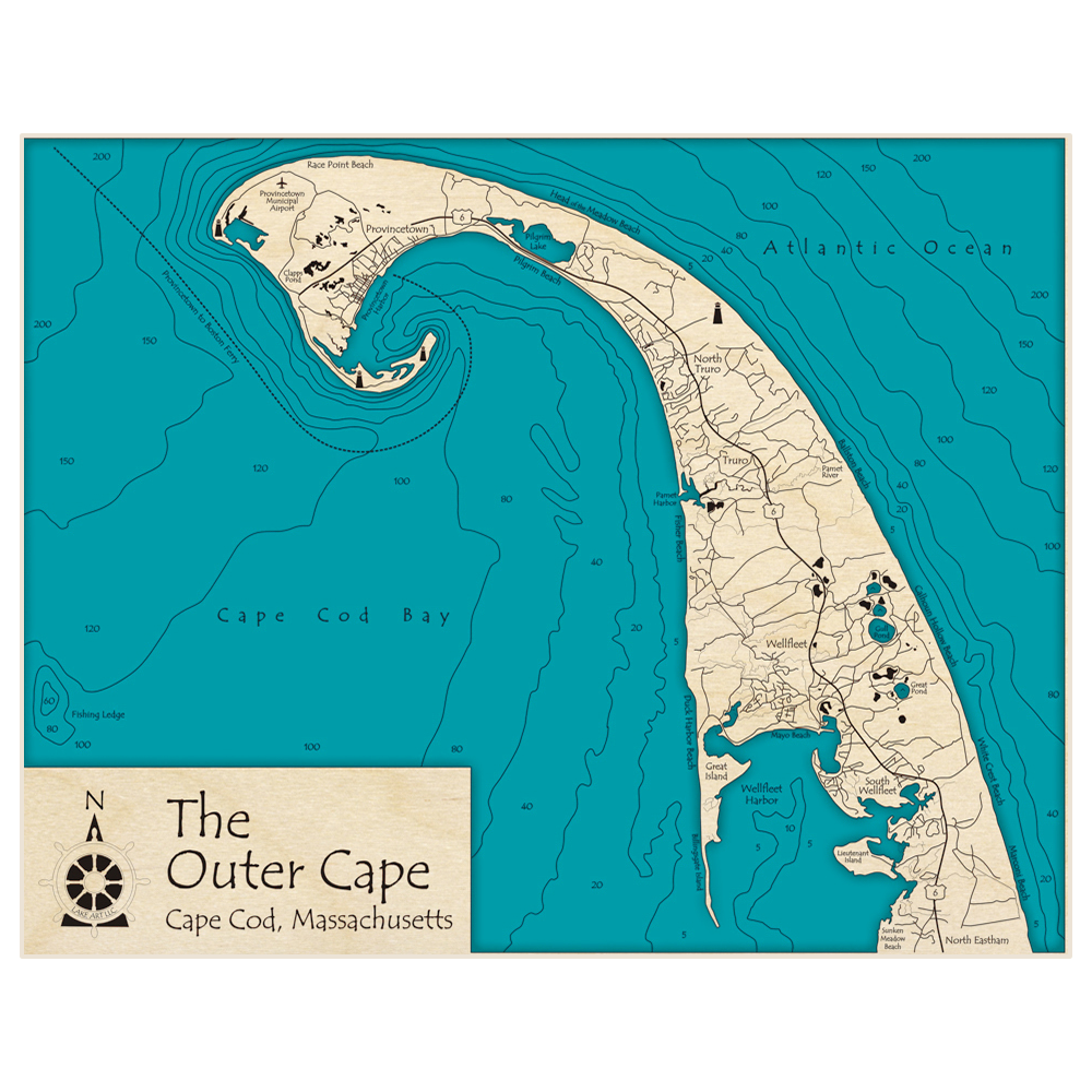 Bathymetric topo map of The Outer Cape (Wellfleet Harbor and Provincetown Harbor) with roads, towns and depths noted in blue water