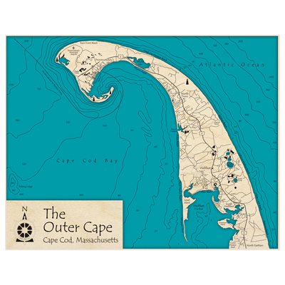 Bathymetric topo map of The Outer Cape (Wellfleet Harbor and Provincetown Harbor) with roads, towns and depths noted in blue water