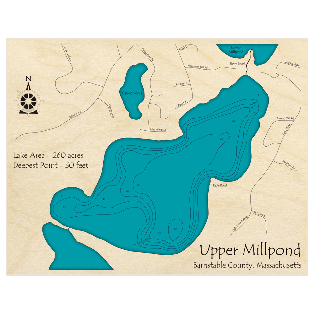 Bathymetric topo map of Upper Millpond with roads, towns and depths noted in blue water