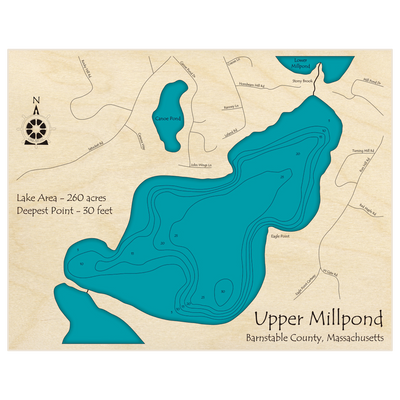 Bathymetric topo map of Upper Millpond with roads, towns and depths noted in blue water