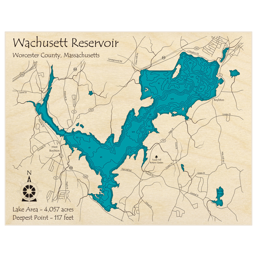 Wachusett Reservoir 3D Custom Wood Map – Lake Art LLC