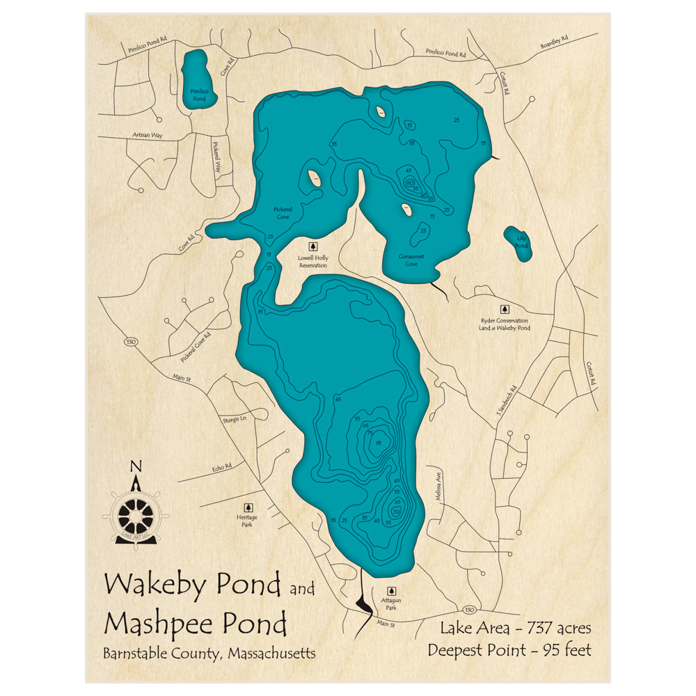 Bathymetric topo map of Wakeby Pond (with Mashpee Pond) with roads, towns and depths noted in blue water