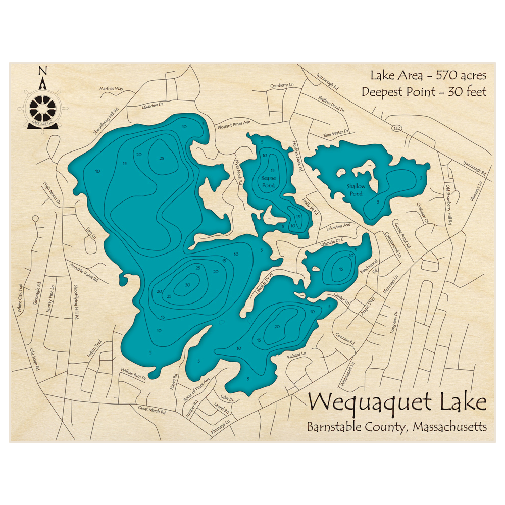 Bathymetric topo map of Wequaquet Lake with roads, towns and depths noted in blue water