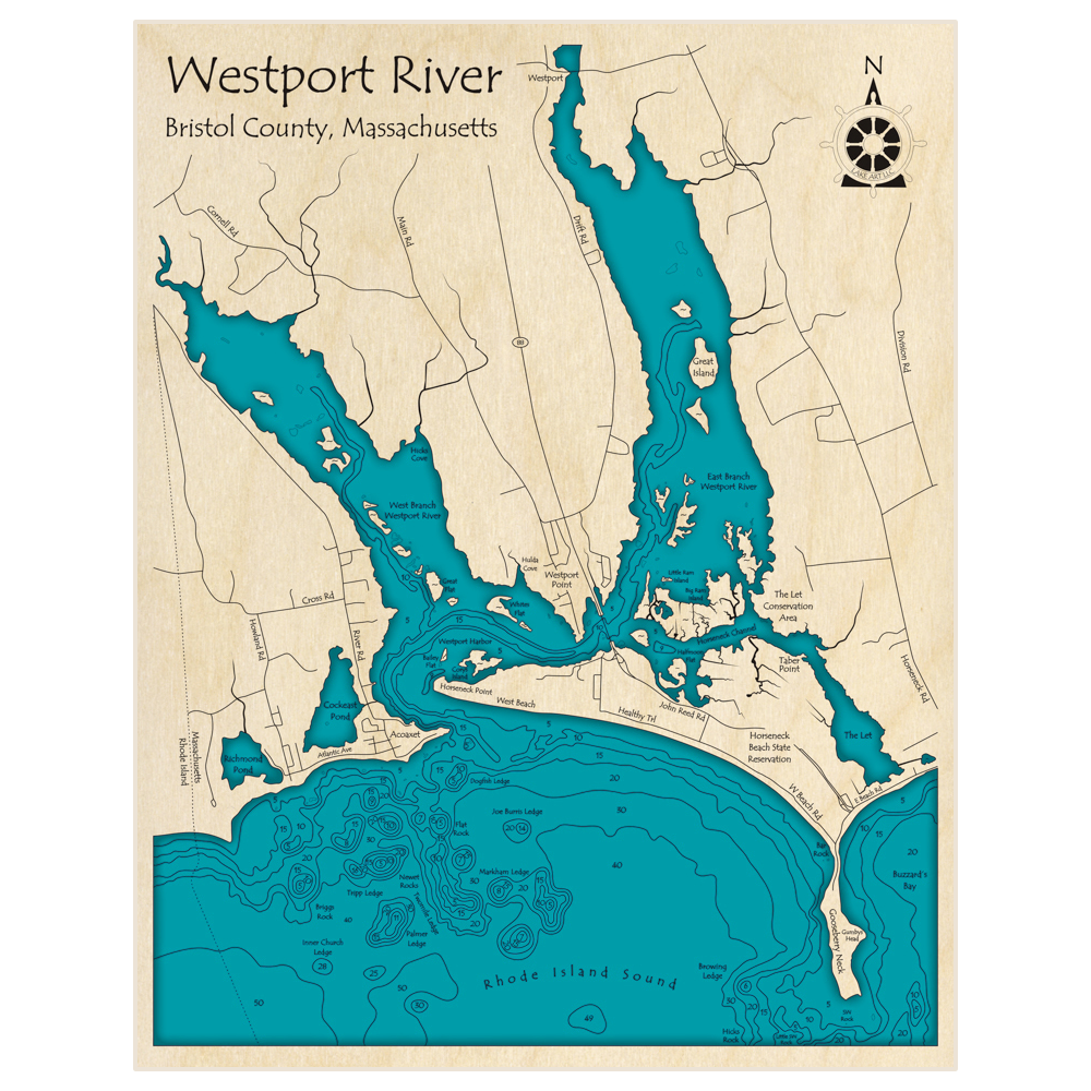 Bathymetric topo map of Westport River (east and west branch at Westport Harbor Area) with roads, towns and depths noted in blue water