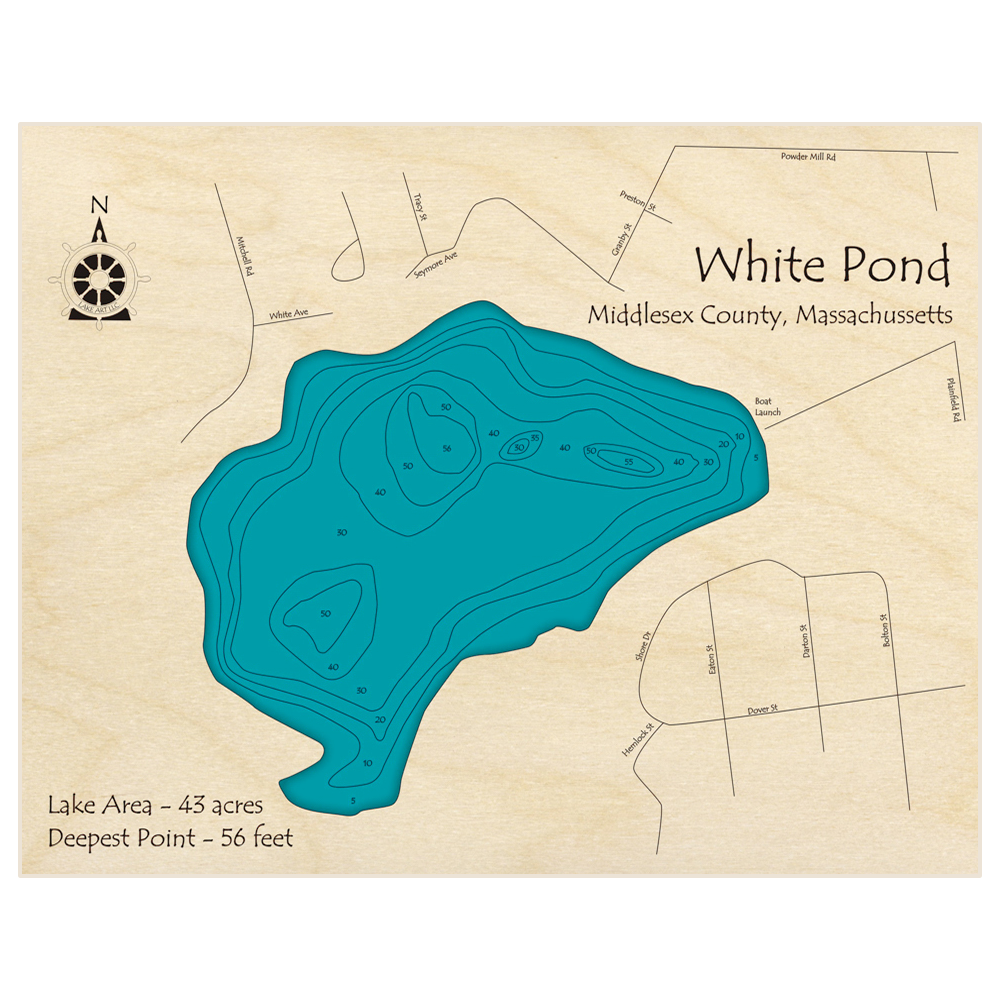 Bathymetric topo map of White Pond with roads, towns and depths noted in blue water