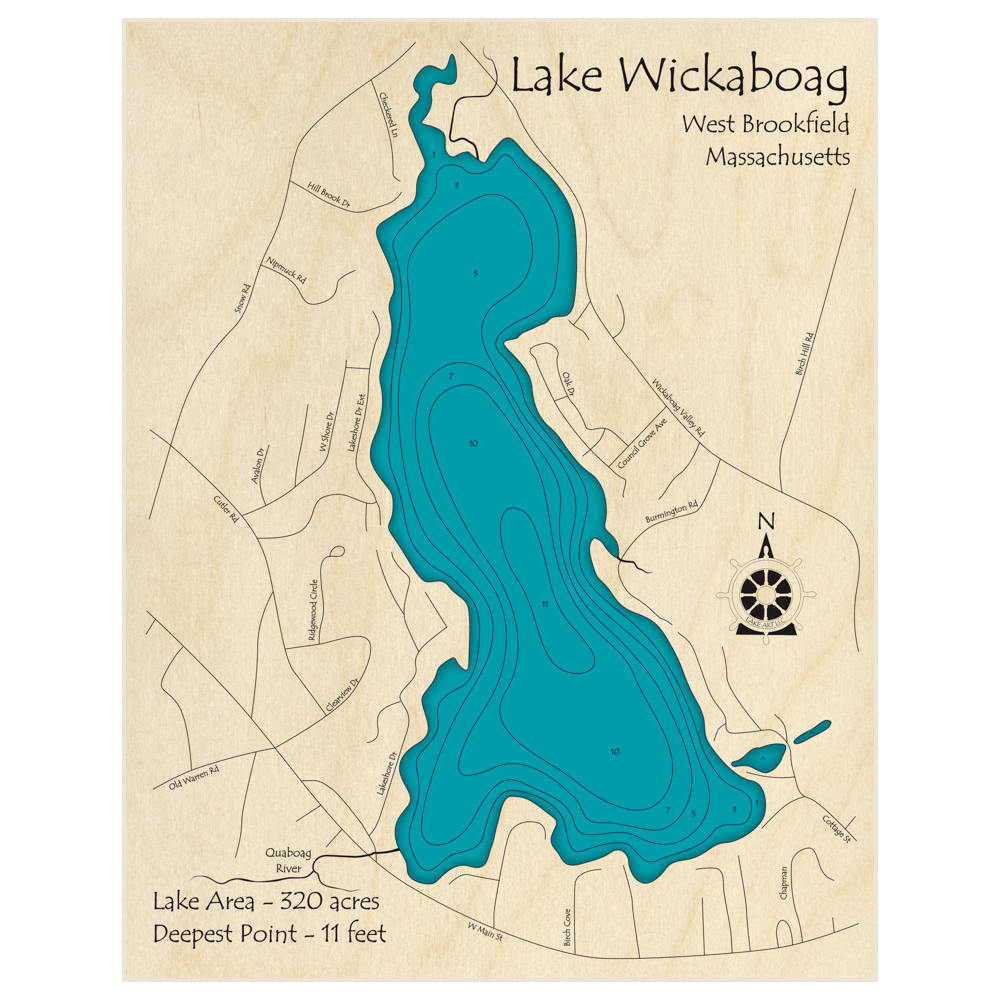 Bathymetric topo map of Wickaboag Pond with roads, towns and depths noted in blue water