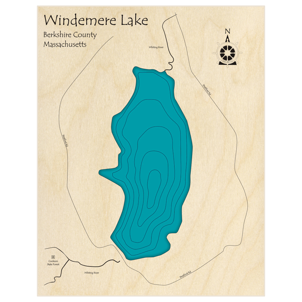 Bathymetric topo map of Windemere Lake  with roads, towns and depths noted in blue water