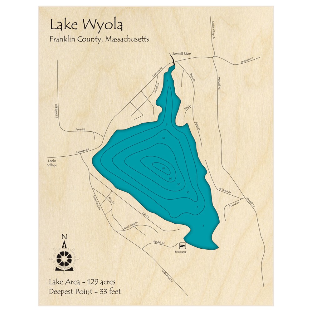 Bathymetric topo map of Lake Wyola with roads, towns and depths noted in blue water