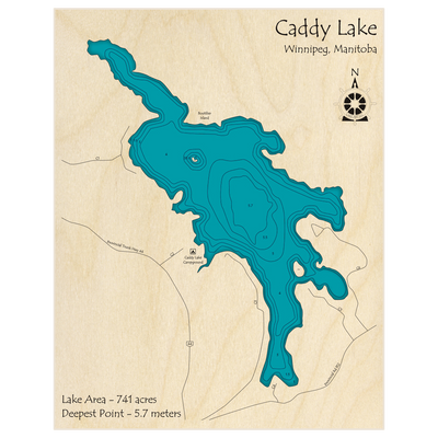 Bathymetric topo map of Caddy Lake with roads, towns and depths noted in blue water